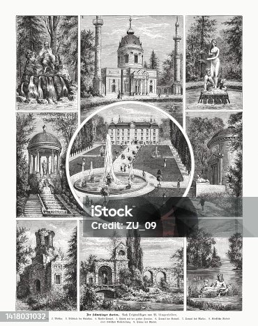 istock Schwetzingen palace garden, Baden-Wurttemberg, Germany, wood engraving, published in 1885 1418031032