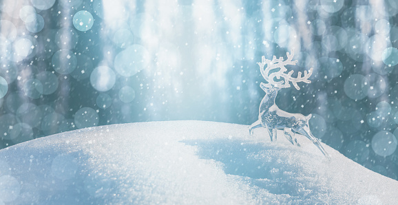 Christmas winter background, banner - view of an ice deer on a snowdrift in a winter forest, sparkling in the rays of the winter sun with copy space for text
