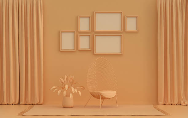 istock Poster frame background room in flat orange color with 6 frames, poster frame mock-up 1418031069