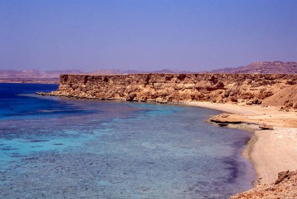 Seen from the top of the coral cliff of Ras Mohammed when, in 1991, it was not yet a destination for mass tourism. Historical archive slide.