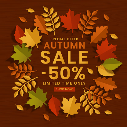 Autumn special offer sale, circle banner with leaves. Vector illustration.