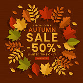 istock Autumn special offer sale, with paper cut autumn leaves background 1418034092
