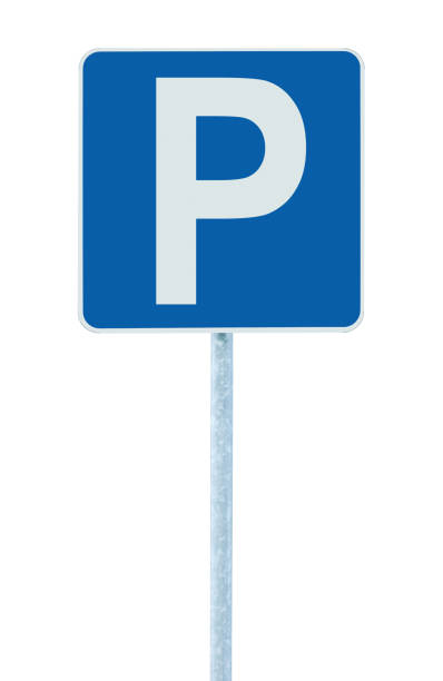 istock Parking place spot blue road sign, grey pole post, white P simbol, isolated large detailed vertical closeup 1418034129