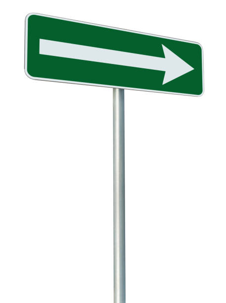 istock Right traffic route only direction road sign turn pointer, green isolated roadside signage perspective, white arrow icon and frame, grey pole post, large detailed vertical closeup 1418034156
