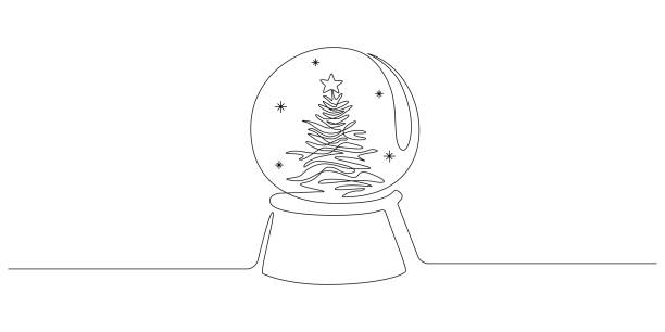 illustrations, cliparts, dessins animés et icônes de un dessin au trait continu d’une boule à neige en cristal de noël avec arbre de noël. boule de verre magique pour le concept de vacances de noël d’hiver dans un style linéaire simple. contour modifiable. illustration vectorielle doodle - snowflake ice crystal christmas snow