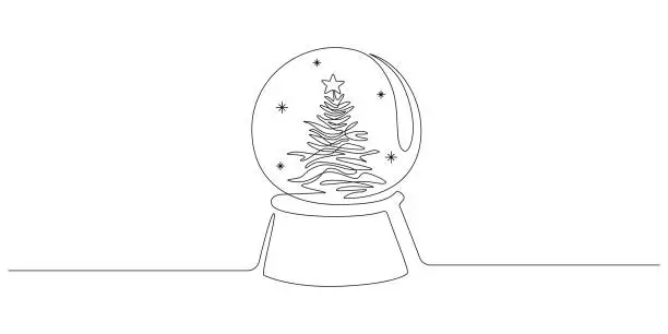 Vector illustration of One continuous line drawing of Christmas crystal snow globe with xmas tree. Magic glass ball for winter xmas holiday concept in simple linear style. Editable stroke. Doodle vector illustration