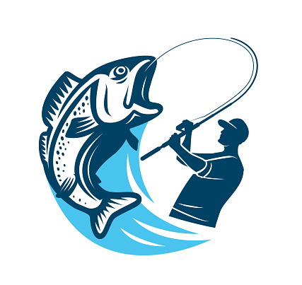 Fisherman catching big fish emblem. Sport fishing, outdoor activities logo or badge. Vector illustration symbol