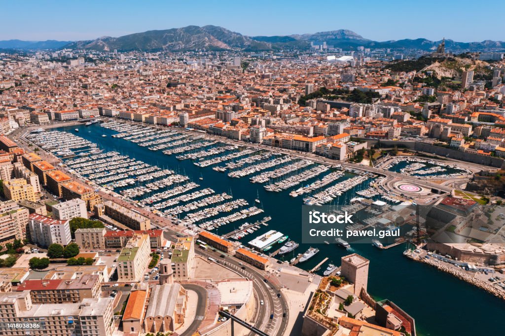 Aerial view of Viuex Old Port of Marseille, France Old Port Stock Photo