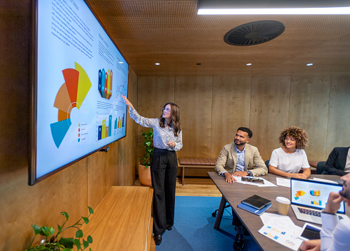 Woman giving a big data presentation on a tv in a board room. There are several financial graphs and charts on the screen with a diverse group of people in the meeting room. There is paperwork and technology on the table