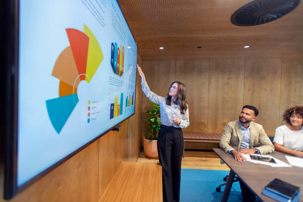 Woman giving a big data presentation on a tv in a board room. stock photo