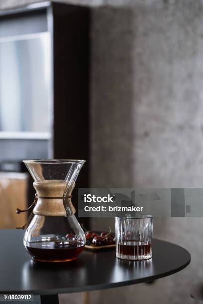 Black Filtered Coffee In Chemex And Glass On Table Stock Photo - Download Image Now - Coffee - Drink, Apartment, Arabica Coffee - Drink