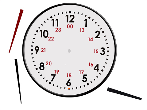 Separate clipping paths on clock and hands.  Allows clock to be set to time you want.  Isolated on white.