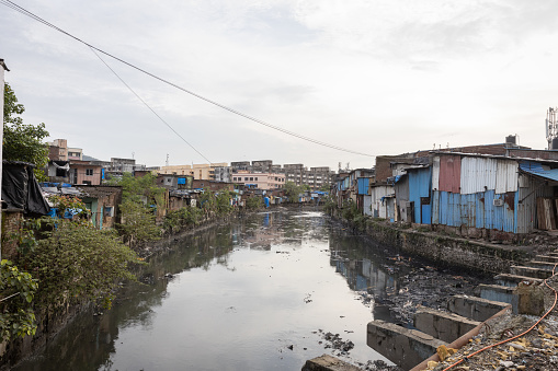 Mumbai,India-8-04-2022: Open Sewage in Mankurd exposing people in surrounding slums to water borne diseases