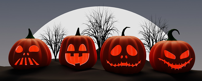 Close-up of four Halloween pumpkins on a terrifying night of the dead. 3d rendering for Jack o lantern party and fun trick or treat game with monster pumpkins in the cemetery.