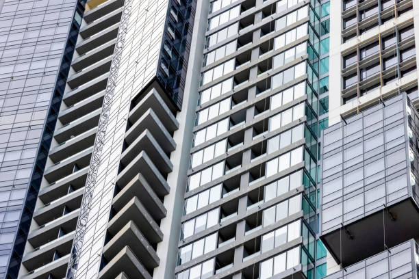 istock Closeup modern corporate buildings, background with copy space 1418047444