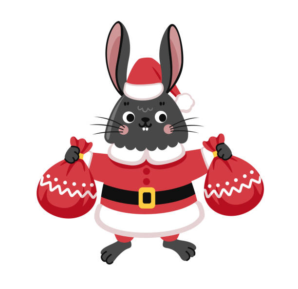 istock Cute rabbit in santa claus costume, holding gift bags. 1418050999