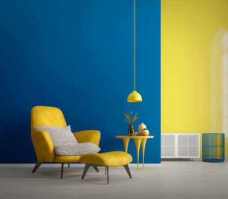 Modern interior room with yellow armchair.Blue and yellow wall background.3d rendering