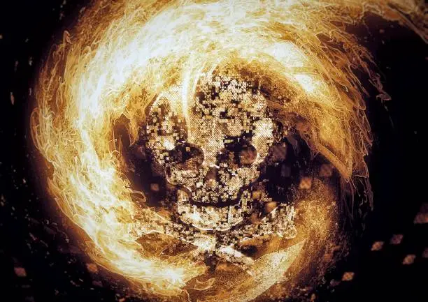 Photo of 3D illustration of flames burning in the shape of a skull
