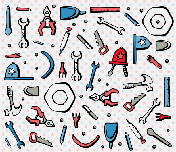 Labor Day Icons Doodle Pattern - Tools Pattern - USA National Holiday Background - Work Pattern Cute Hand Drawing Hand drawn tools, work/labor related objects. Easy to edit vector illustration. Happy Labor Day! drawing of hand tool stock illustrations