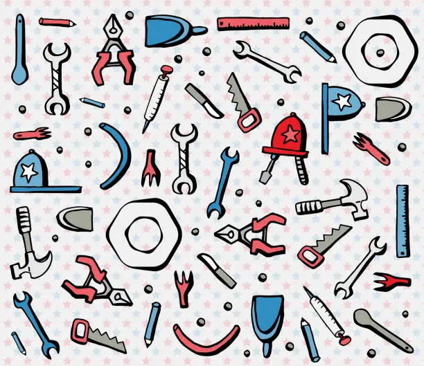 Vector illustration of Labor Day Icons Doodle Pattern - Tools Pattern - USA National Holiday Background - Work Pattern Cute Hand Drawing