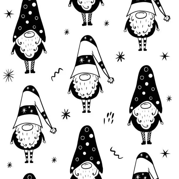 Vector illustration of Cute gnome seamless pattern in sketch style