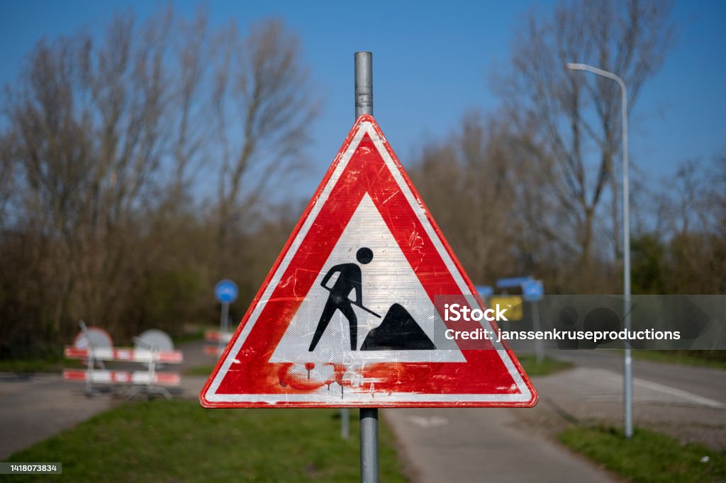 Triangular Construction Sign Work In Progress Triangle Sign With Boundary Caution Symbol On ...