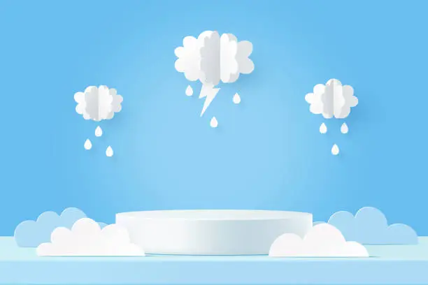 Vector illustration of Rainy season, Paper cut of monsoon sale banner template. 3D white cylinder pedestal podium and cloud on blue background.Vector illustration.