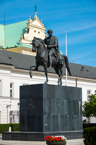Monument of Józef Poniatowski in Warsaw, Poland. It's a historic statue in the Presidential Palace square featuring Prince Józef Poniatowski on a horse.