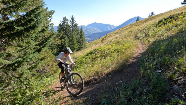 istock Mountain biker follows pathway up mountain 1418081731