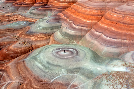 An aerial view of a color mountain surrounded by mountain with drone, Utah, United States of America.