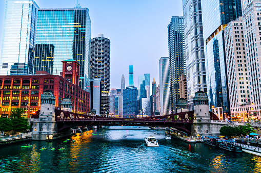 Chicago Riverwalk and Skyscrapers