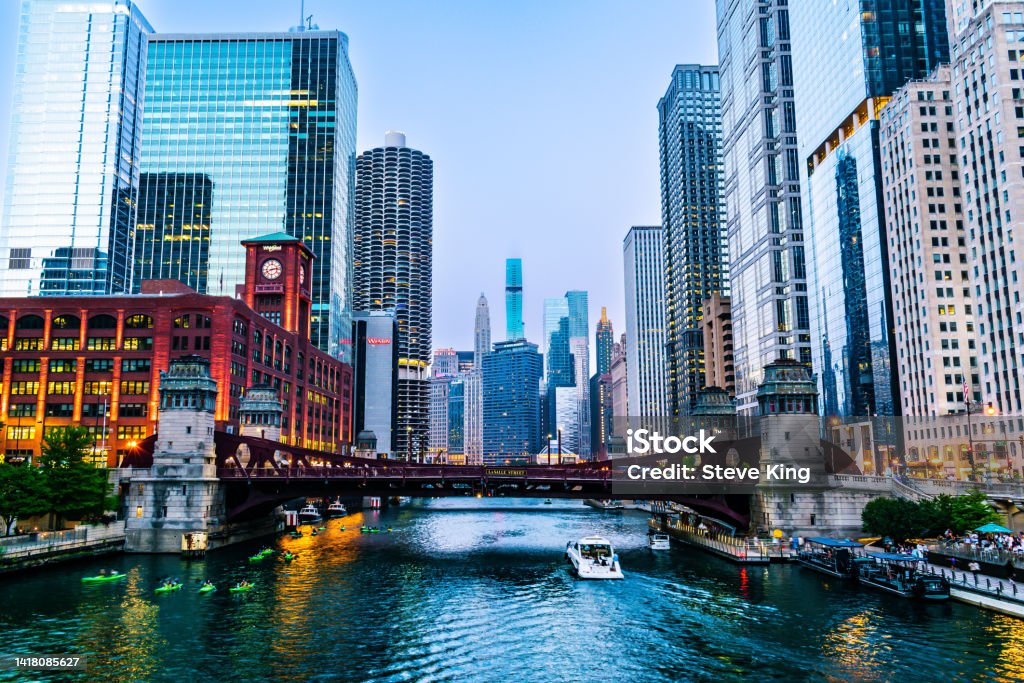 St. Regis - Chicago Chicago Riverwalk and Skyscrapers Chicago - Illinois Stock Photo