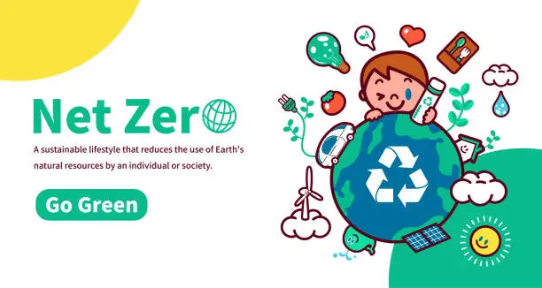 Vector illustration of The concept of net zero living, sustainability, and environmental protection, a cute boy with the Earth