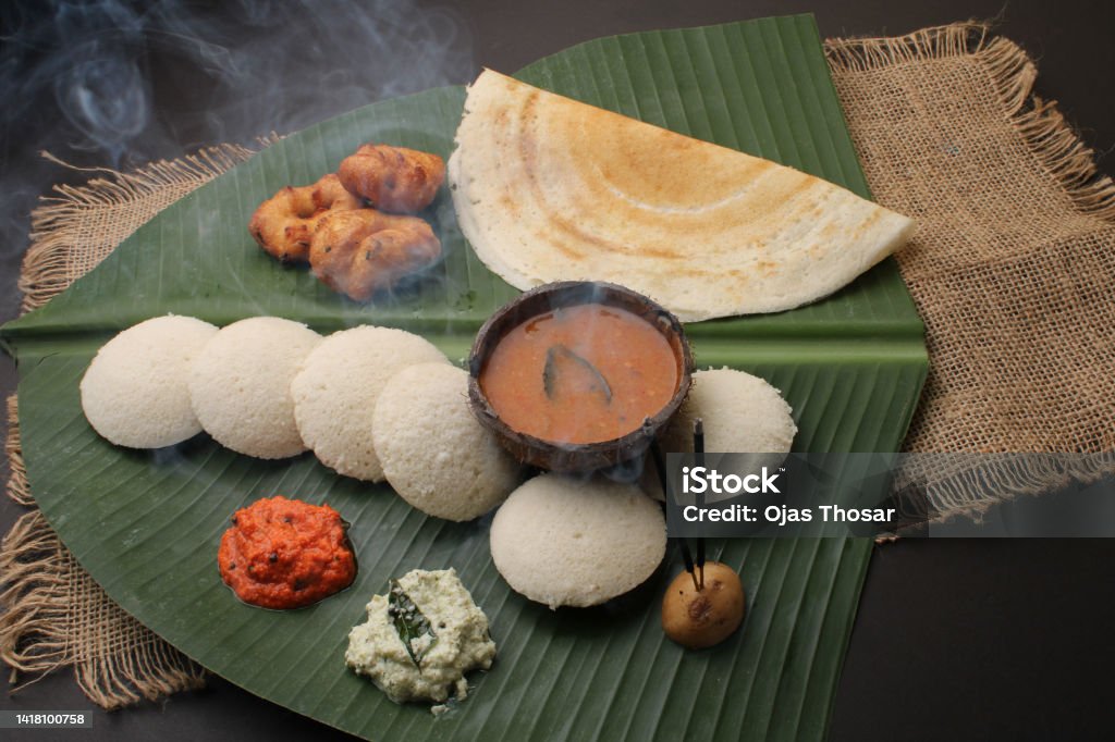 Group Of South Indian Food Like Masala Dosa Idli Wada Or Vada Sambar