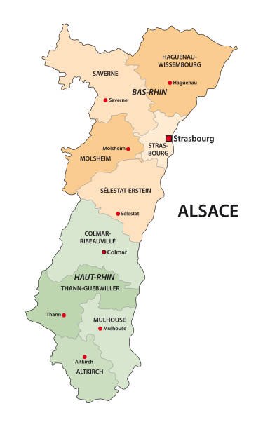 ilustraciones, imágenes clip art, dibujos animados e iconos de stock de mapa administrativo de la región cultural francesa de alsacia - bas rhin