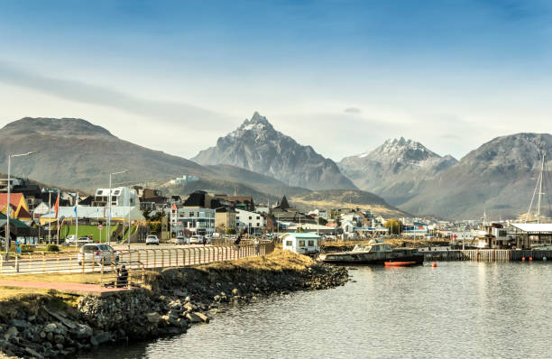 Coastal walk in the city of Ushuaia, called the southernmost city in the world. Tierra del Fuego, Patagonia, Argentina. stock photo