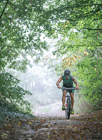 male mountain biker riding in a forest