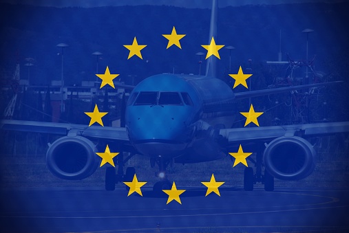 Close up view of a plane with the European Flag. Concept of Planes in Europe or European flights