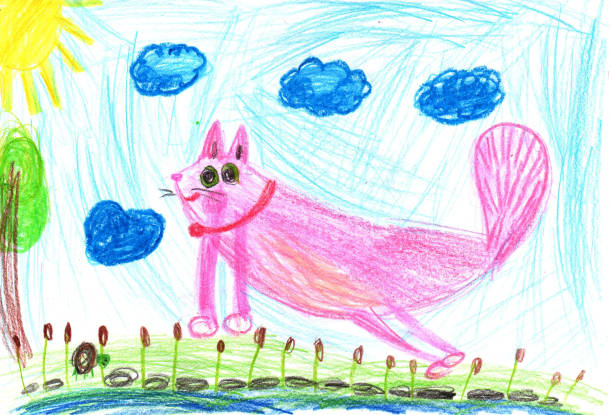 kinderzeichnung einer katze auf einem spaziergang. bleistiftkunst im kindlichen stil - kinderzeichnung stock-grafiken, -clipart, -cartoons und -symbole