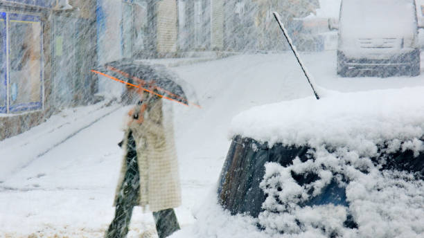 istock woman with umbrella is unrecognizable in heavy snowfall. 1418114681