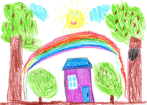 Child drawing of a country house. Pencil art in childish style
