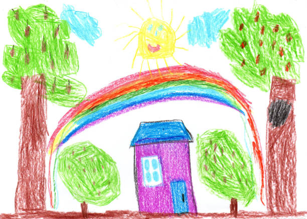 Child drawing of a family house. Pencil art in childish style Child drawing of a country house. Pencil art in childish style childs drawing stock illustrations