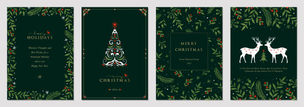 Universal Christmas Templates_157 Traditional Corporate Holiday cards with Christmas tree, reindeers, birds, ornate floral frames, background and copy space. Universal artistic templates. christmas card stock illustrations