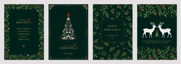 Universal Christmas Templates_157 Traditional Corporate Holiday cards with Christmas tree, reindeers, birds, ornate floral frames, background and copy space. Universal artistic templates. christmas card template stock illustrations