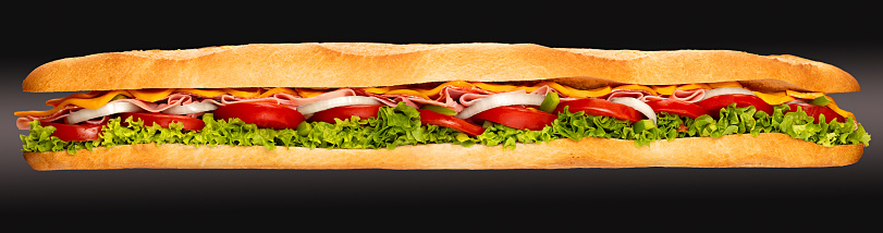 Ham and cheese Submarine sandwich in a wide panorama image in high resolution
