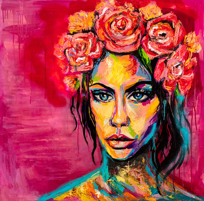 Oil painting. Conceptual abstract picture of a beautiful girl with flowers in hair.