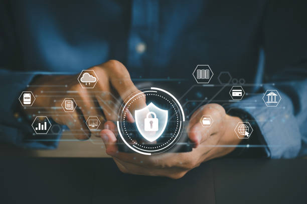 Concept of cyber security, information security, and encryption, secure access to user's personal information,  Man using his mobile selects the icon security on the virtual display. cybersecurity. stock photo