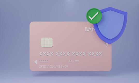shield with Credit card.secure credit card transaction and online wallet app,payment protection concepts.Safe payments,Money saving,Mock up copy space.3D rendering illustration.