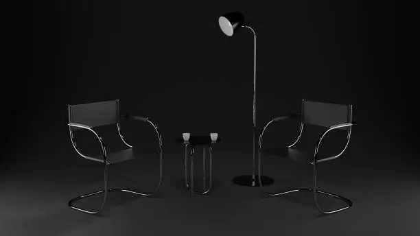 Photo of Two chairs, table and a lamp in a dark room. Place for an interview. 3D rendering illustration.