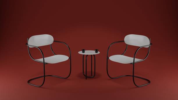 Two chairs and coffee table in red room. Interview, studio and design concept. 3D rendering illustration.